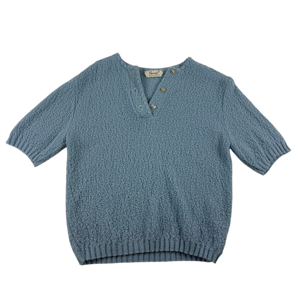 Vintage 40s 50s Pastel Blue Penneys Knit Textured Short Sleeve Henley Size XS